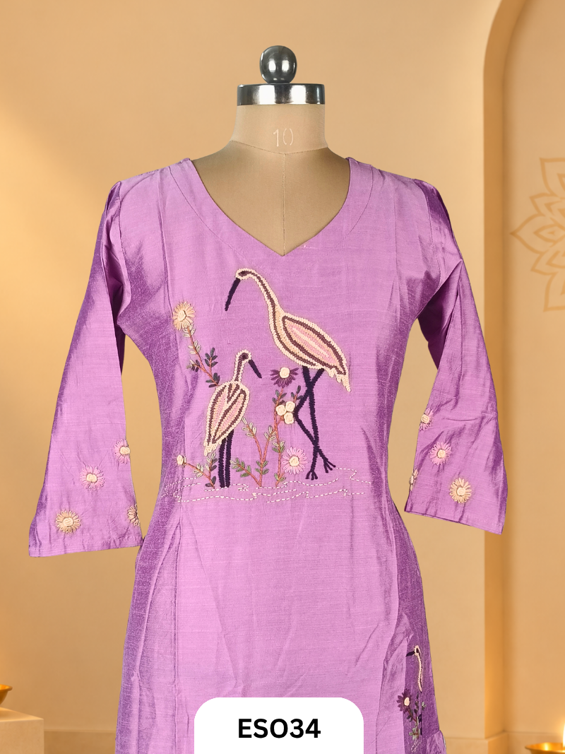 Slub Silk Dress With embroidery Bird hand work