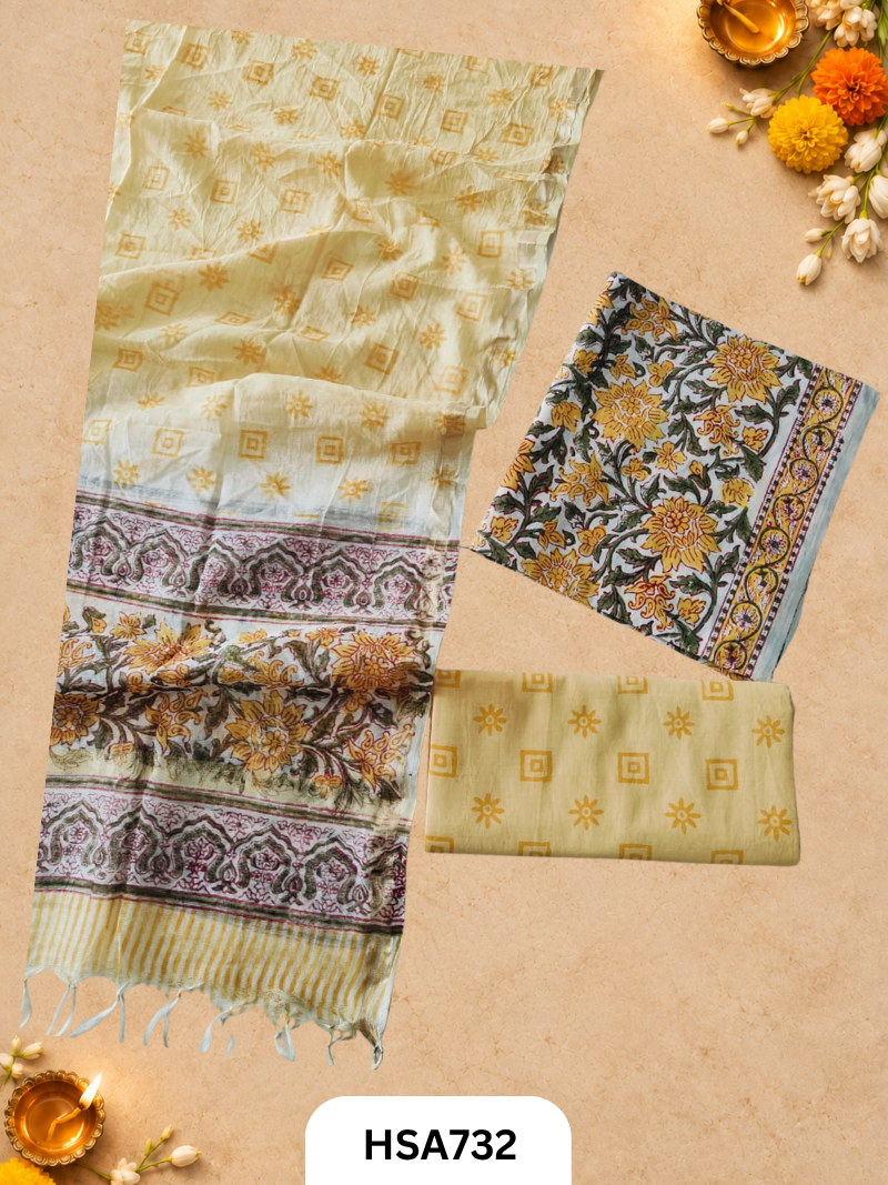 HandBlock Printed Chanderi Silk Dupatta With Cotton Suits -Top 2.5M Duptta 2.5M