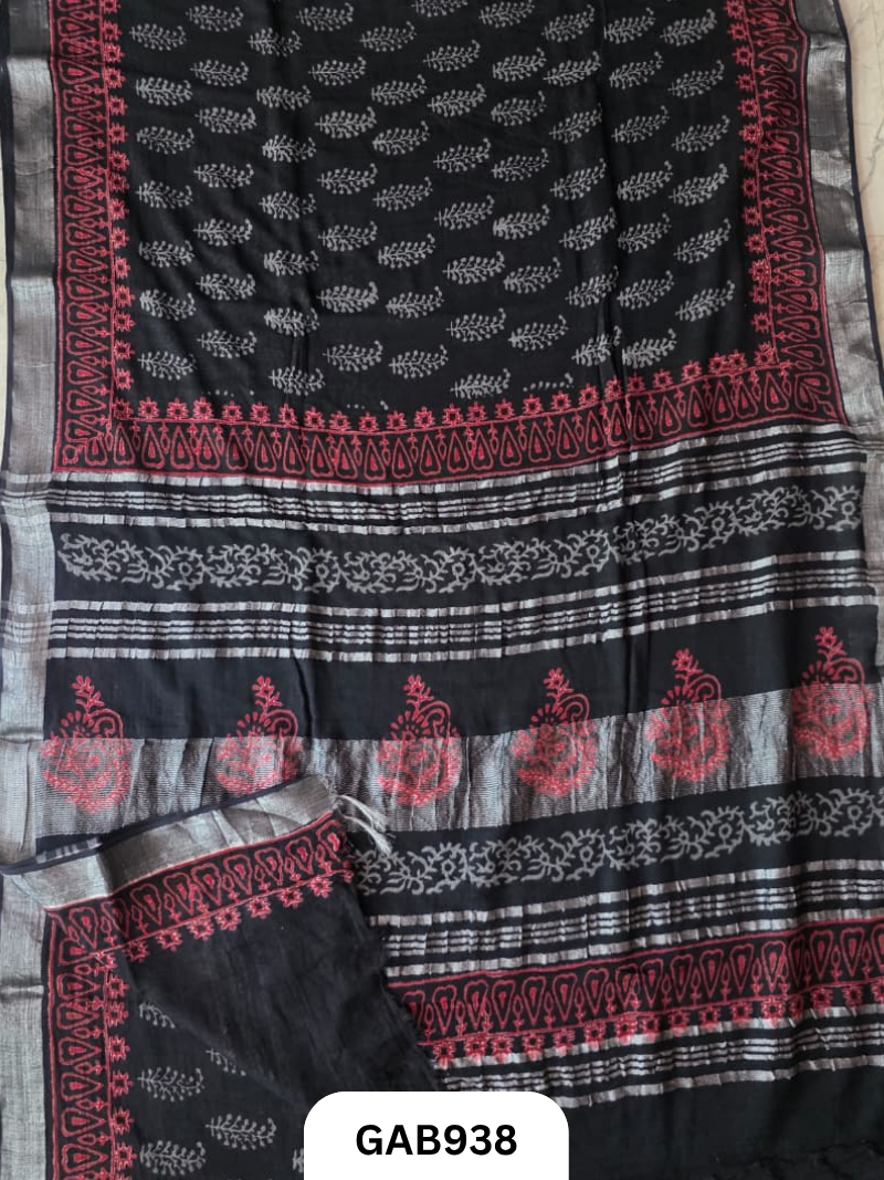 Bagru Handblock Print Linen Saree With Attached Blouse