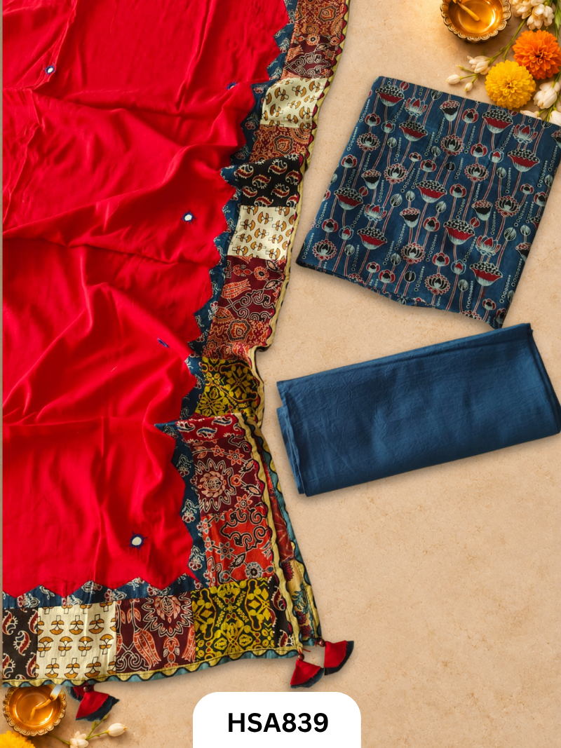 Ajrahk Print With Patch Work And Mirror Work Dupatta