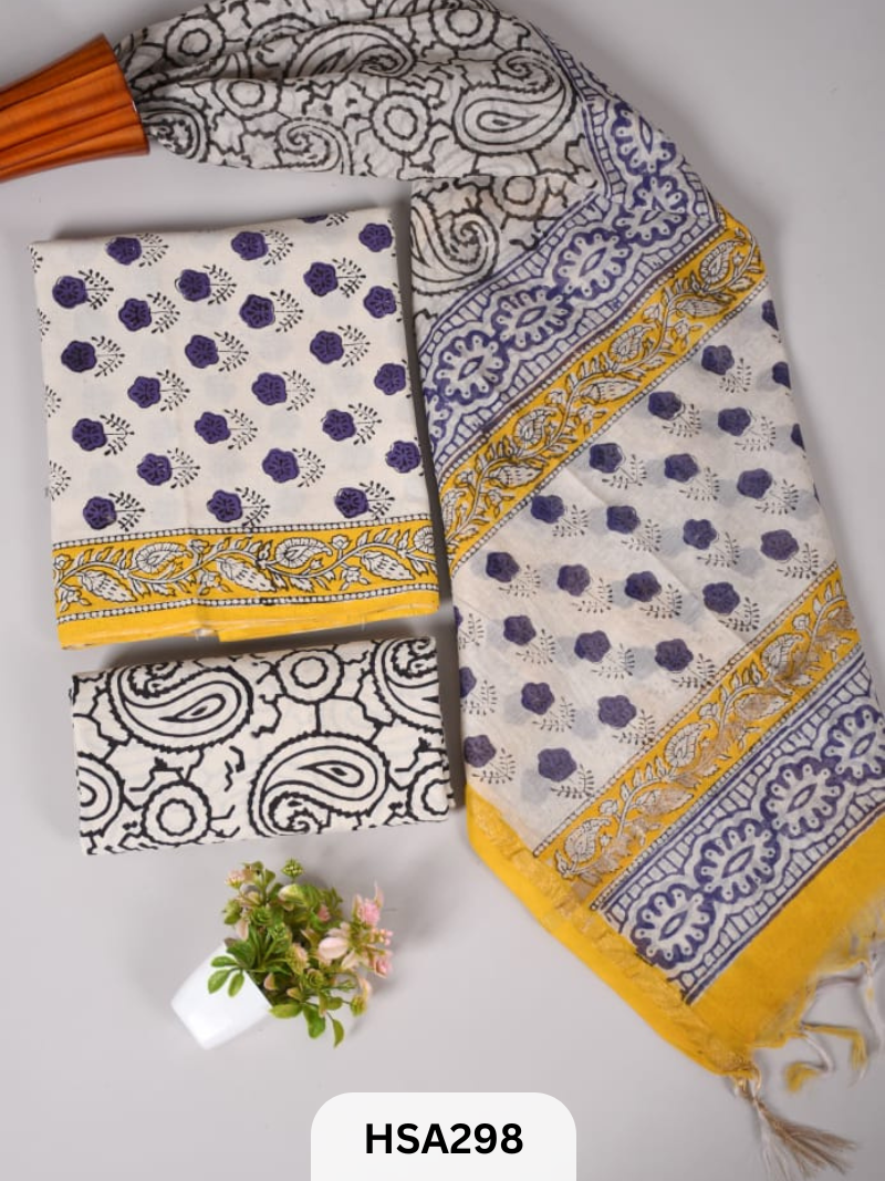 COTTON SUIT WITH CHANDERI DUPATTA HAND BLOCK PRINTED- 3PCS SET