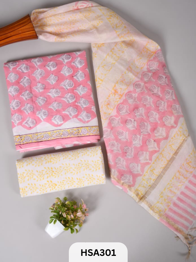 COTTON SUIT WITH CHANDERI DUPATTA HAND BLOCK PRINTED- 3PCS SET