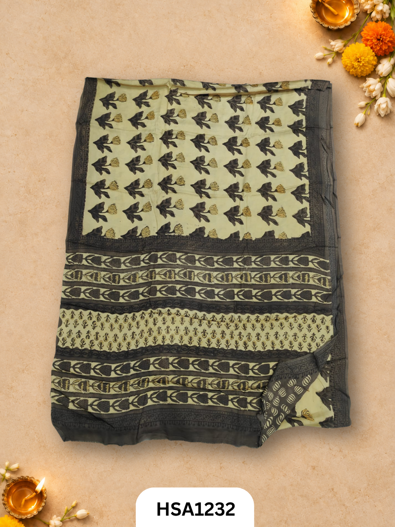 Hand Block Print Ajarkh Vanaspati Modal Silk Saree with blouse
