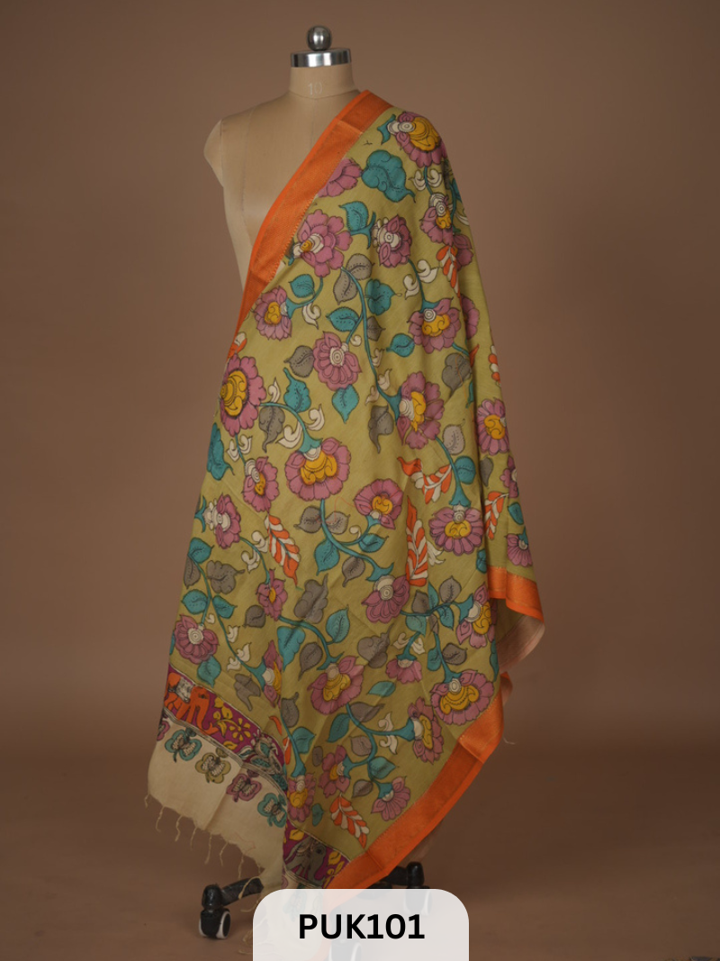 PURE PENKALAMKARI DUPPATTA - CHENNURI SILK