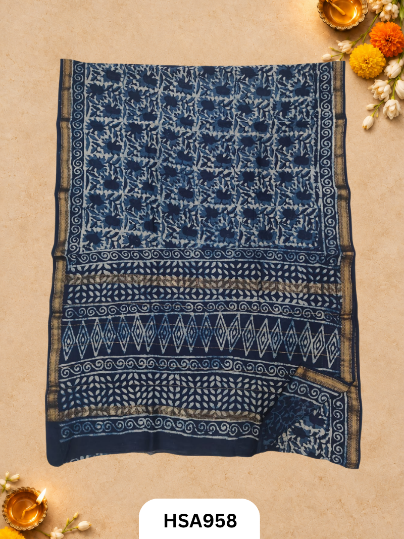Pure Maheswari Silk Cotton - Handblock Print Saree With Blouse