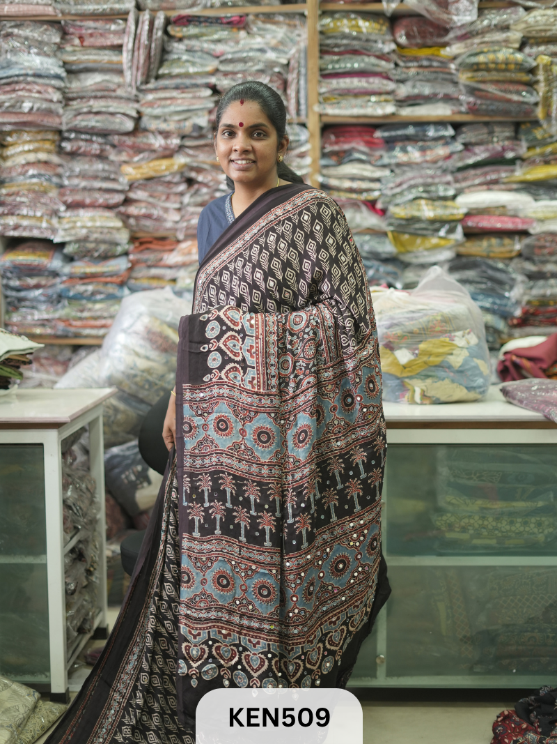 MODAL NATURAL AJRAKH HANDBLOCK SAREE WITH GLUE MIRROR