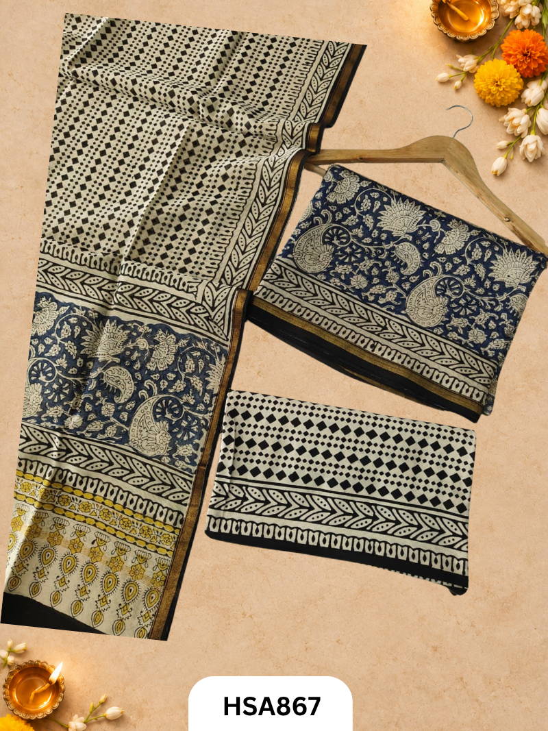 HandBlock Printed Chanderi Silk Cotton Suits -Top 2.5M Duptta 2.5M