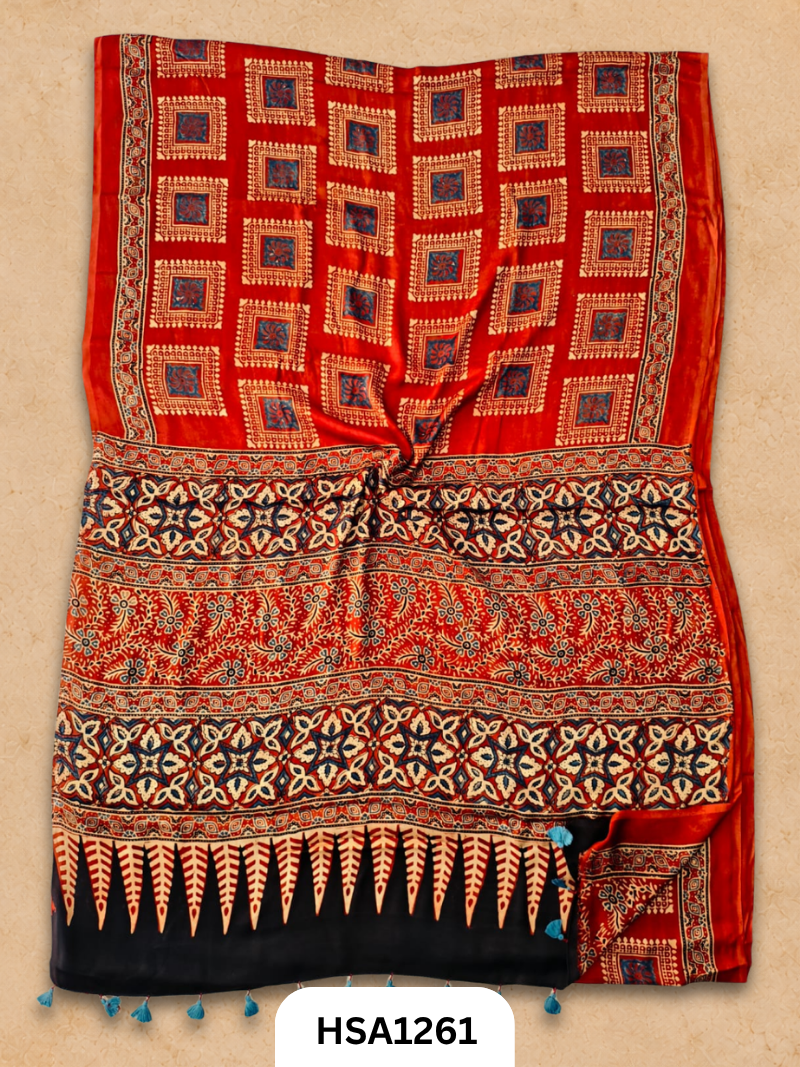 Natural Dye Vegetable Hand Block Print Ajrakh Print Pure Modal Silk Saree