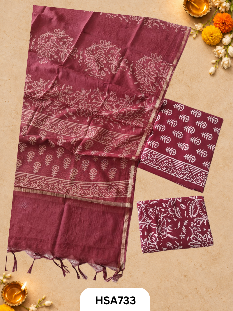 HandBlock Printed Chanderi Silk Dupatta With Cotton Suits -Top 2.5M Duptta 2.5M