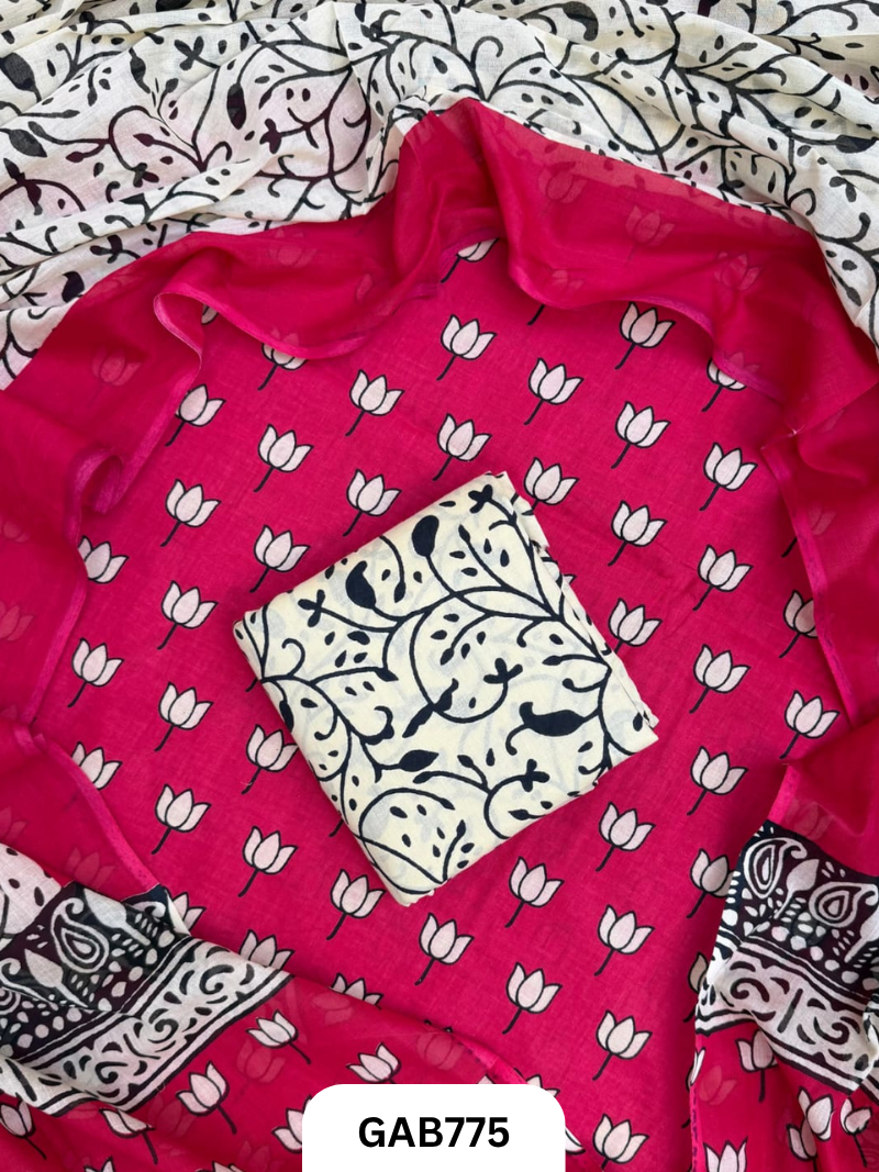 Handblock Cotton Suits With Mulmul Cotton Dupatta | Top 2.5 Mtr Dupatta 2.5 Mtr
