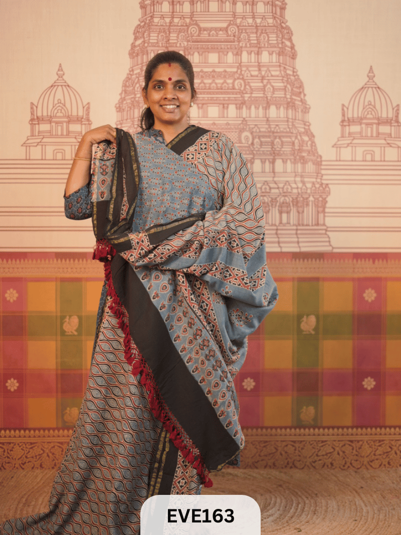 PURE CHANDERI SILK AJRAKH HANDBLOCK SAREE