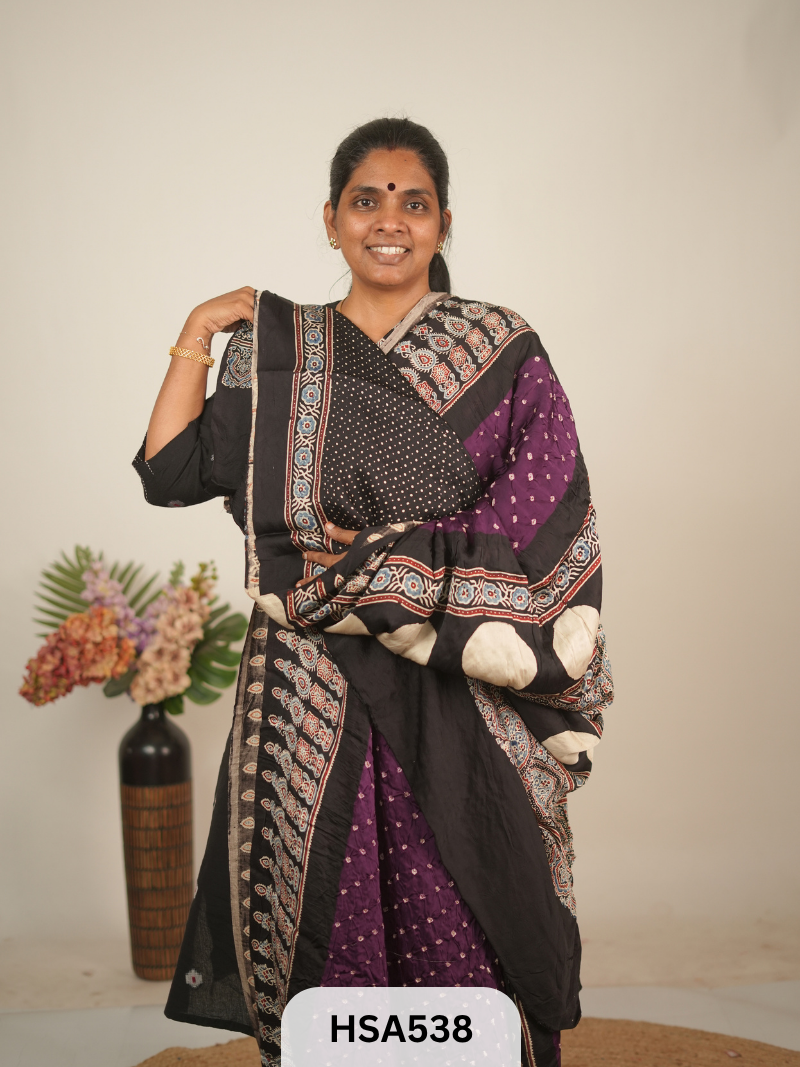 MODAL AJRAKH WITH BANDHINI SAREE