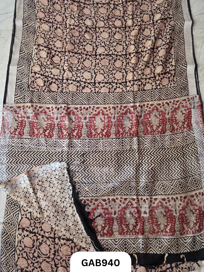Bagru Handblock Print Linen Saree With Attached Blouse