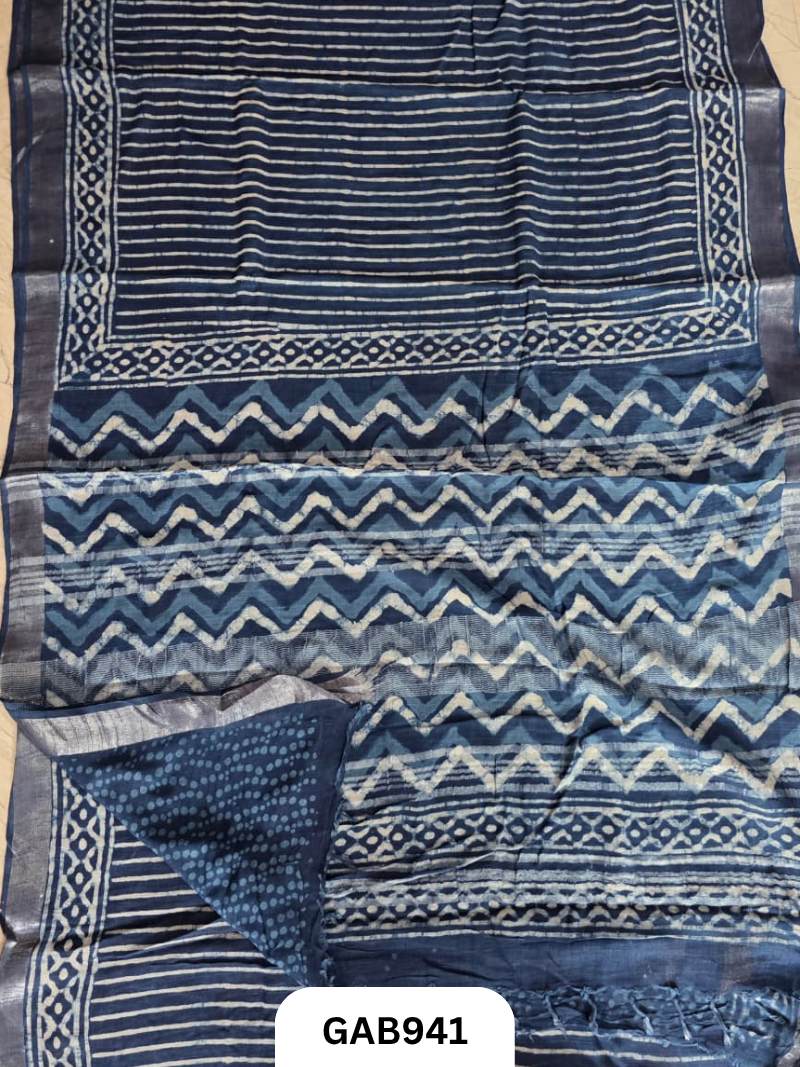Bagru Handblock Print Linen Saree With Attached Blouse