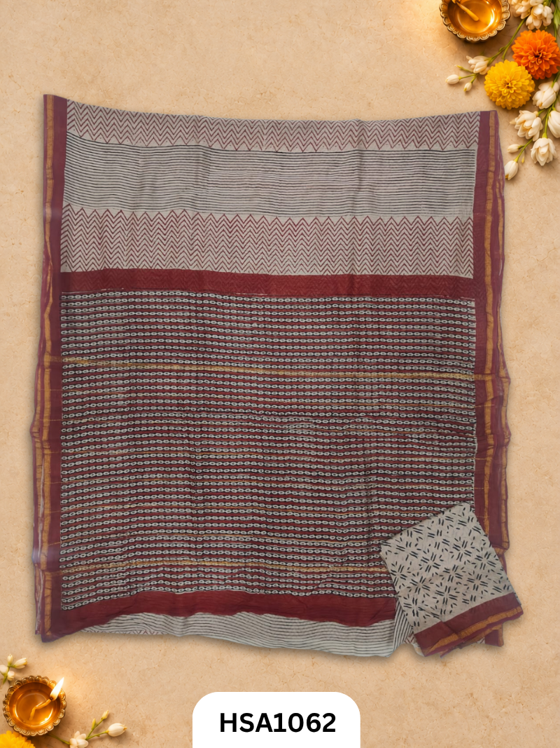 Pure Hand Block Printed Chanderi Silk Saree With Printed Blouse