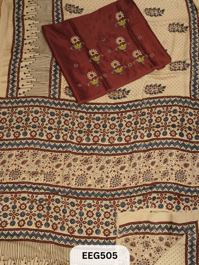 AJRAKH MODAL SAREE WITH KUTCHI HANDWORK BLOUSE PIECE EXTRA