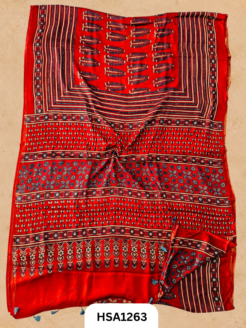 Natural Dye Vegetable Hand Block Print Ajrakh Print Pure Modal Silk Saree