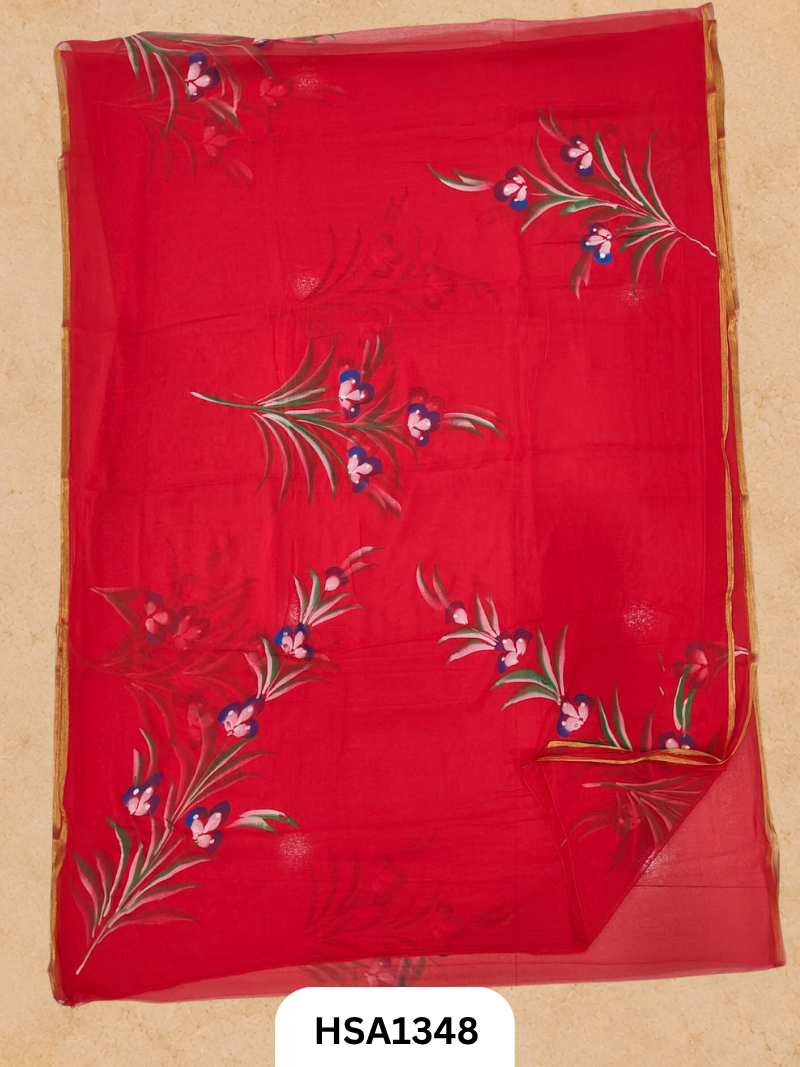 Chiffon Zari Border Saree - Hand Brush Painted