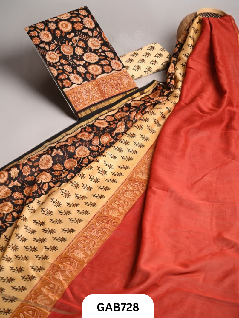 Hand Block Chanderi Silk Dress Materials Top 2.5 Mtrs Duptta 2.5 Mtrs