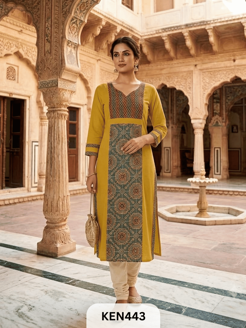 COTTON NATURAL & PLAIN COMBINATION KURTI WITH POCKET