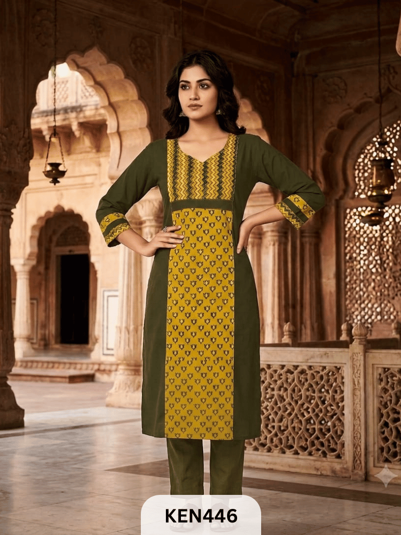 COTTON NATURAL & PLAIN COMBINATION KURTI WITH POCKET
