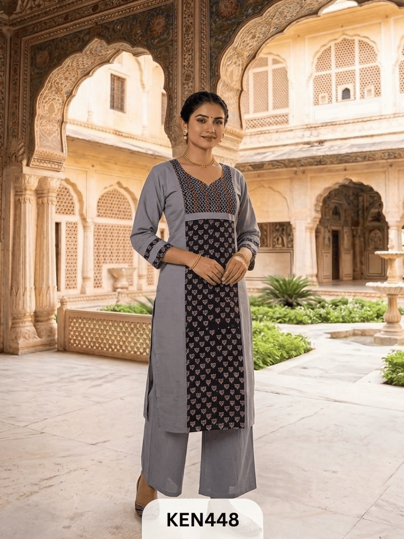 COTTON NATURAL & PLAIN COMBINATION KURTI WITH POCKET