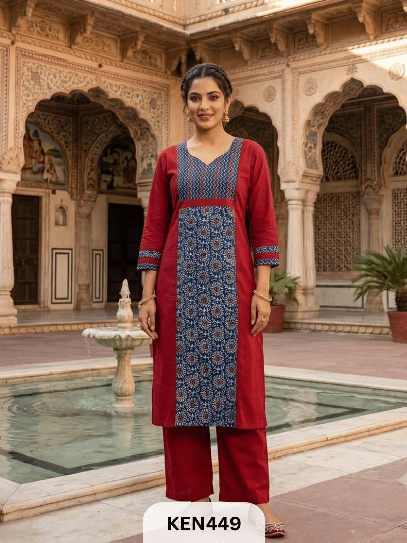 COTTON NATURAL & PLAIN COMBINATION KURTI WITH POCKET