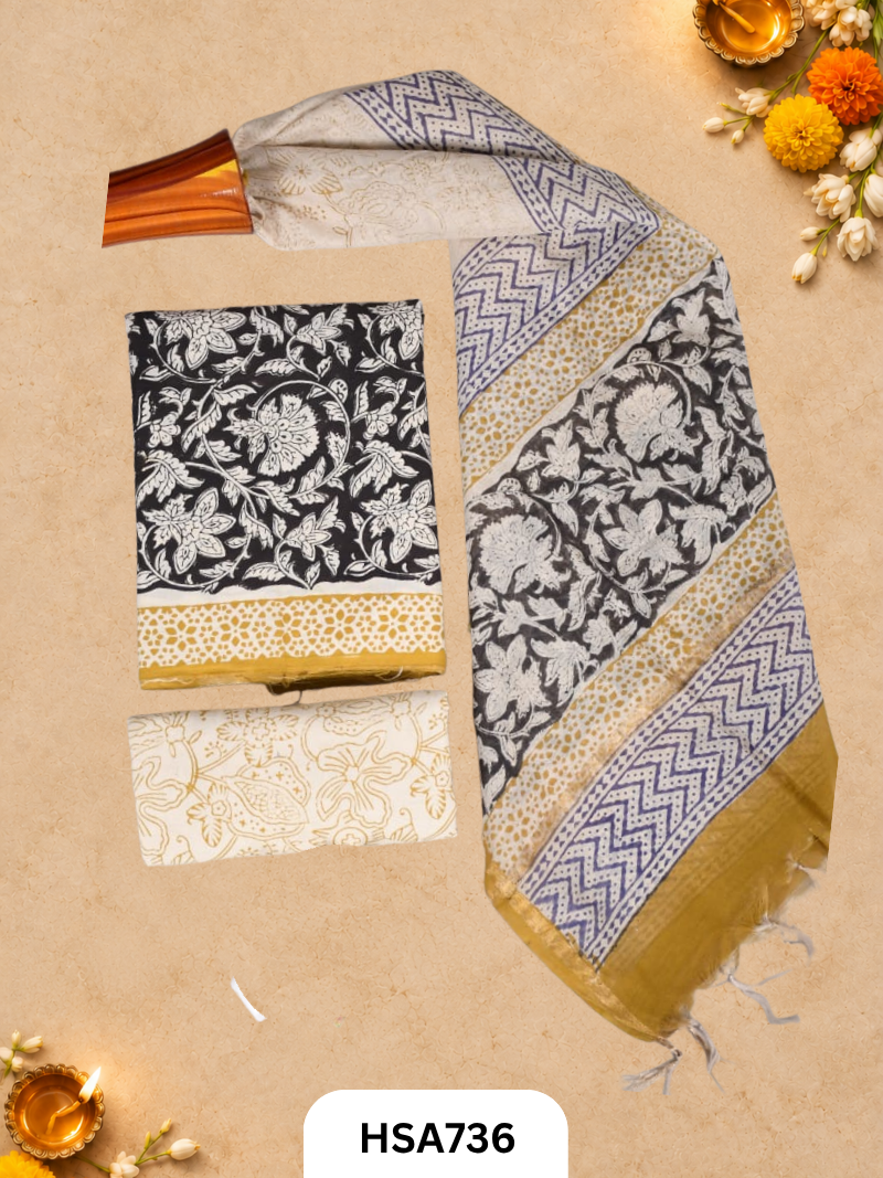 HandBlock Printed Chanderi Silk Dupatta With Cotton Suits -Top 2.5M Duptta 2.5M