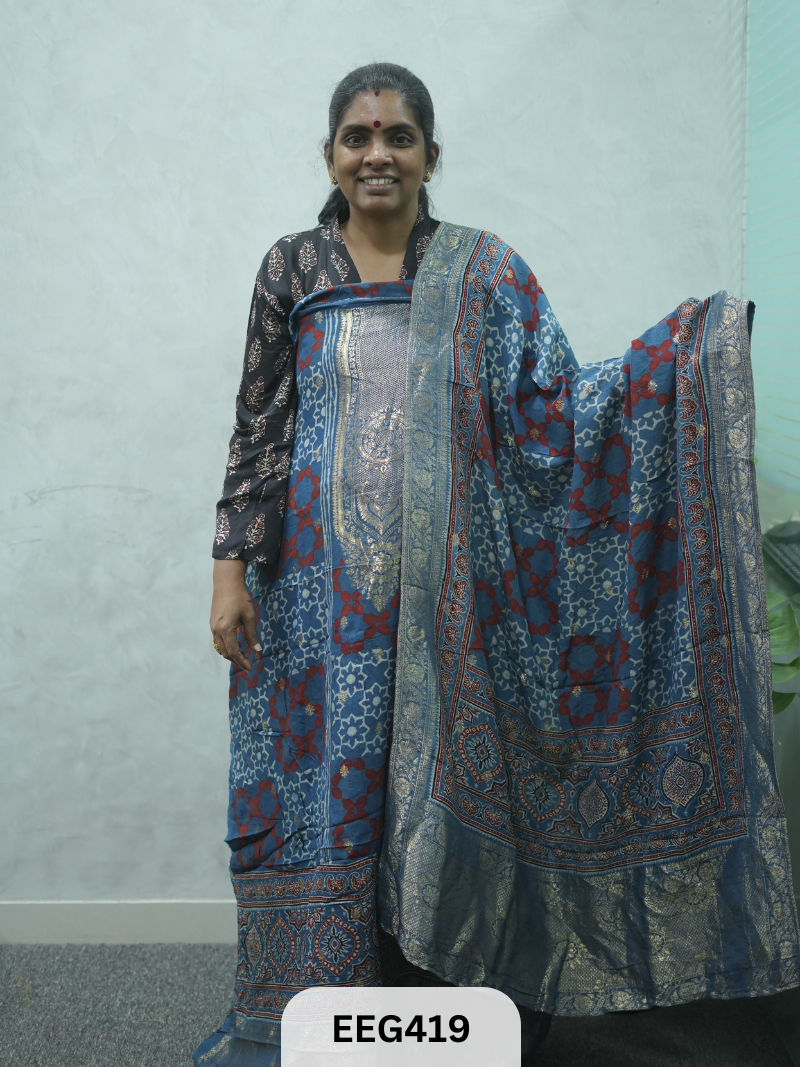 AJRAKH DOLA SILK 2 PCS-UNSTITCHED ( TOP 3.5MTR AND DUPPATA 2.25MTR ) - IMMEDIEATE DISPATCH