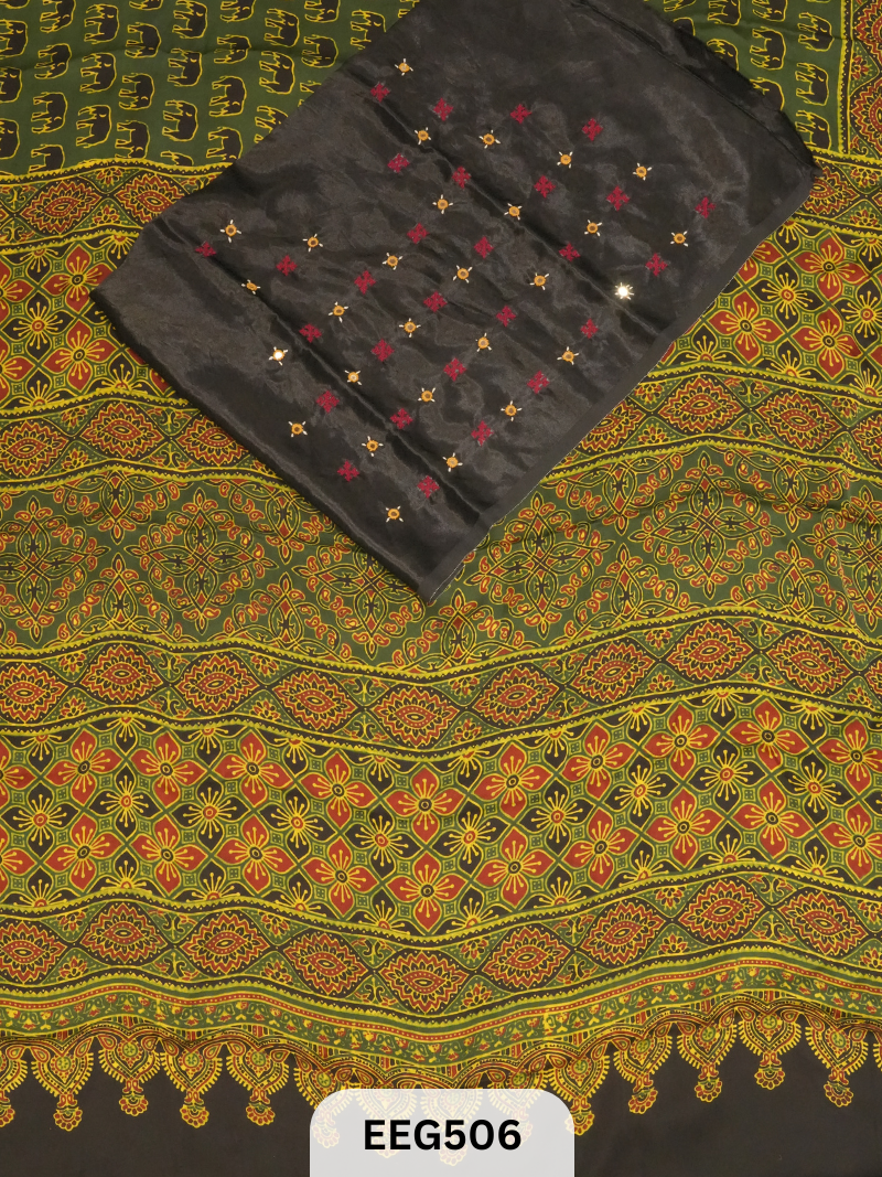 AJRAKH MODAL SAREE WITH KUTCHI HANDWORK BLOUSE PIECE EXTRA