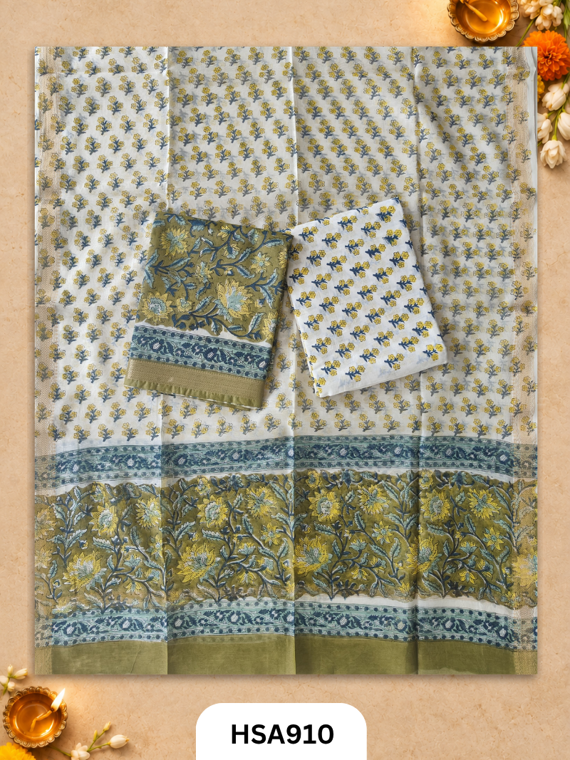 HandBlock Printed Maheshwari Silk Zari Border Top & dupttas 2.5 Mtrs | Bottom cotton 2.50 mtrs