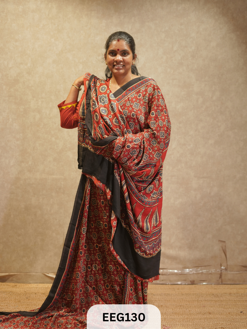AJRAKH MODAL SAREE WITH KHATLI HANDWORK