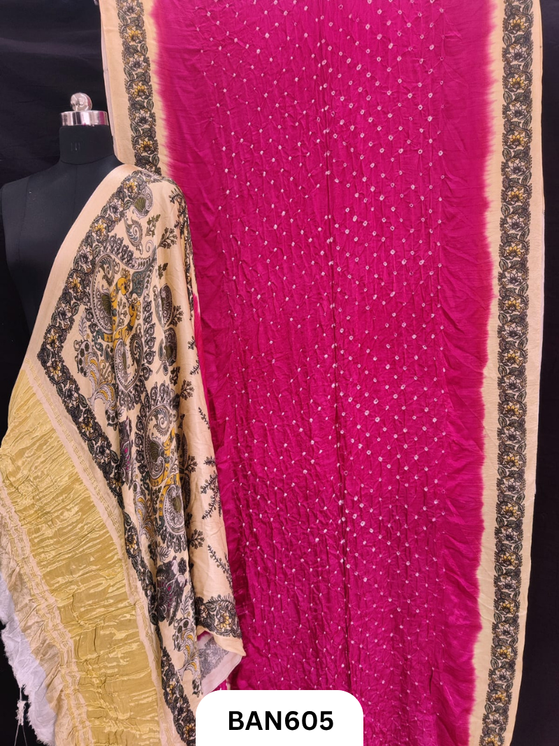 Semi Gaji ts kalamkari digital print pallu, blouse and border with bandhej saree