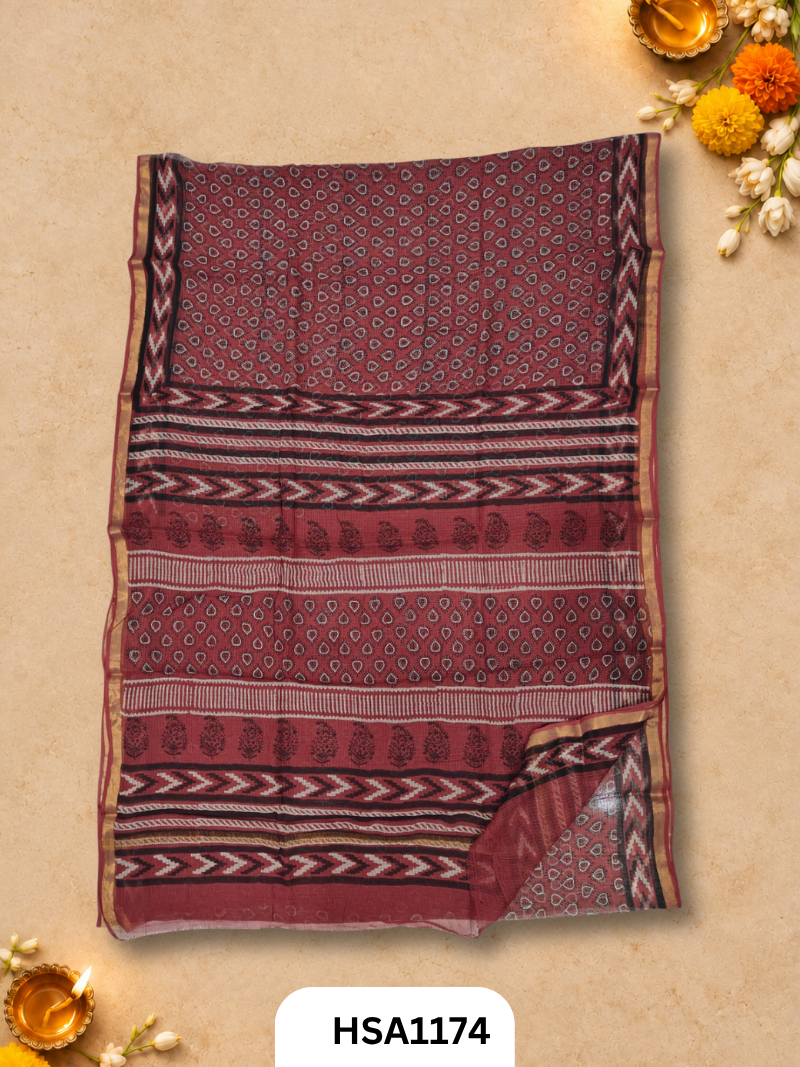 Hand Block Printed Kota Doriya Saree with Blouse