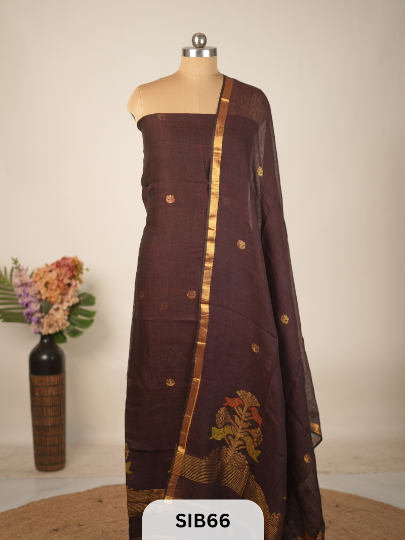 FUSION PURE LINEN INTO KANCHIPURAM SALWAR SUIT - HANDLOOM