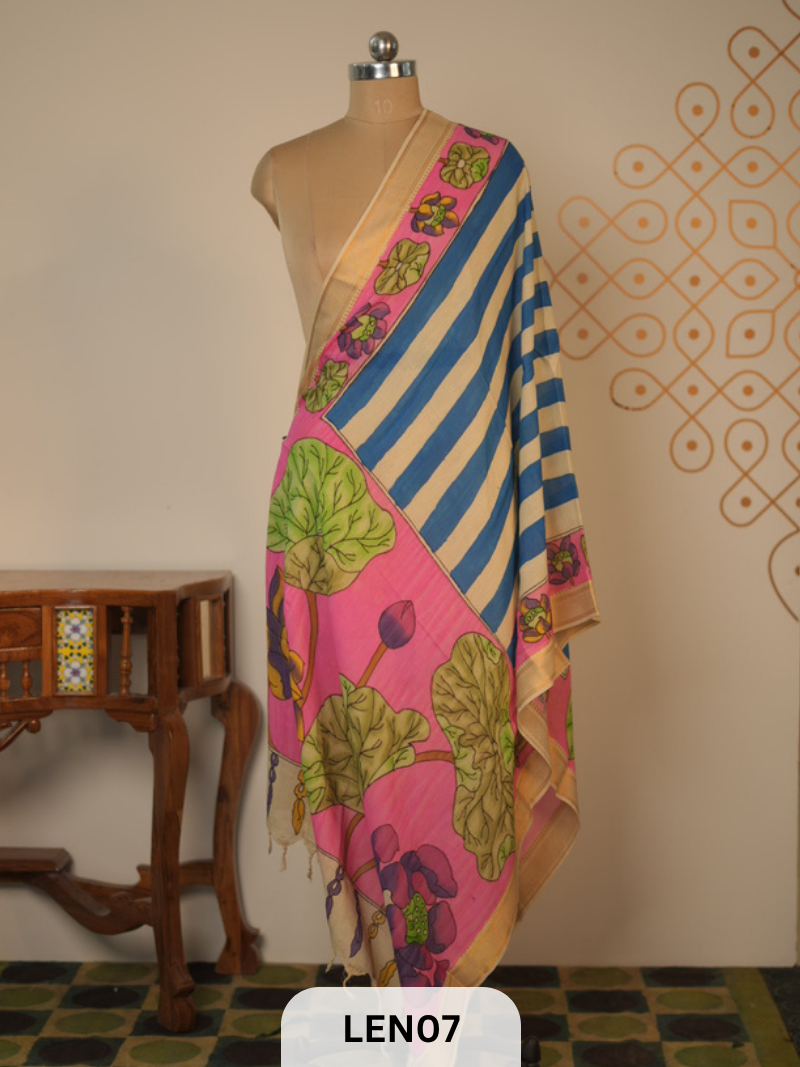 PURE PENKALAMKARI CHENNURI SILK DUPPATA