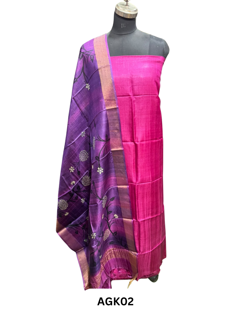Silk Mark Certified Tussar Salwar Set with Hand Block Print