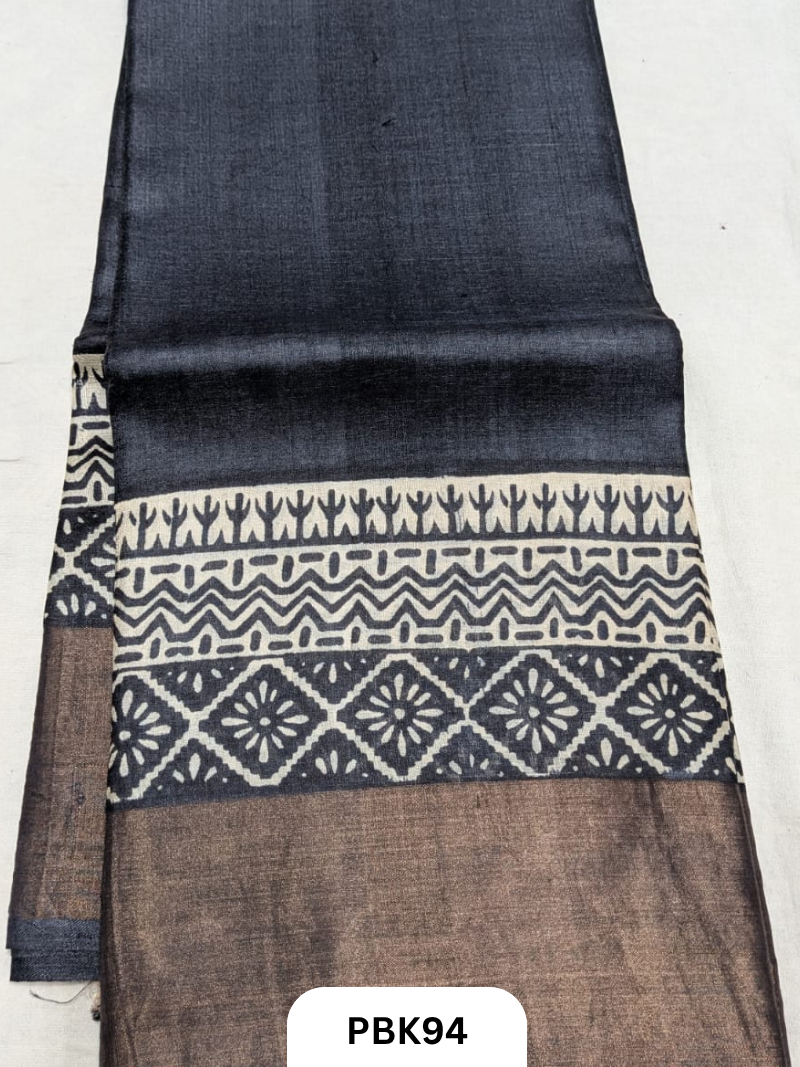 Premium Pure Tussar Silk Handblock Print Saree – Kolkata Special