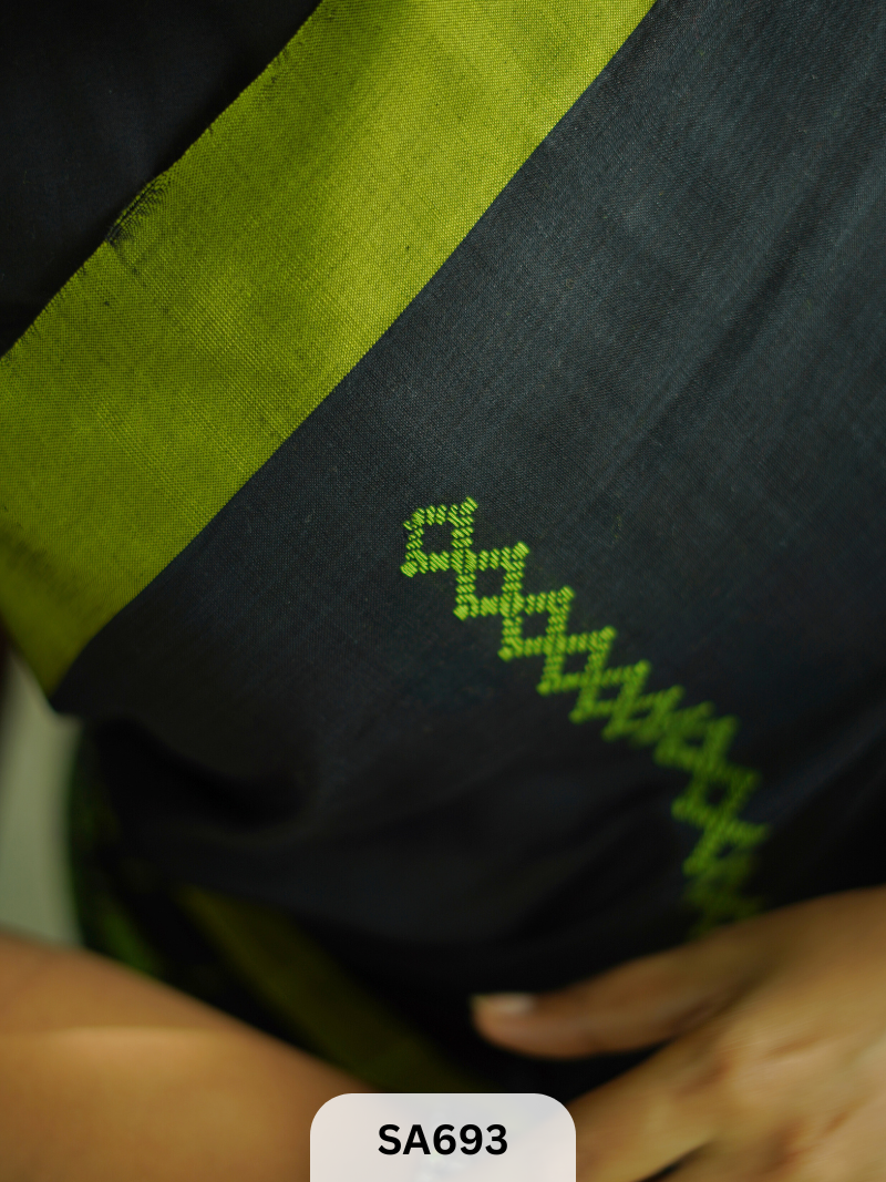 Authentic Handloom Saree | Black with Bold Green Border