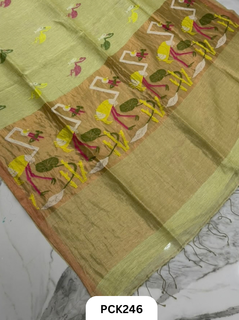 Handloom Pure Linen Silk Saree With Jamdhani Weave | Tissue Pallu