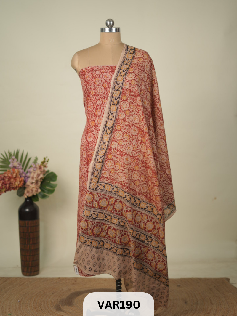 PURE HANDBLOCK KALAMKARI COTTON-2 PCS-TOP & DUPPATA