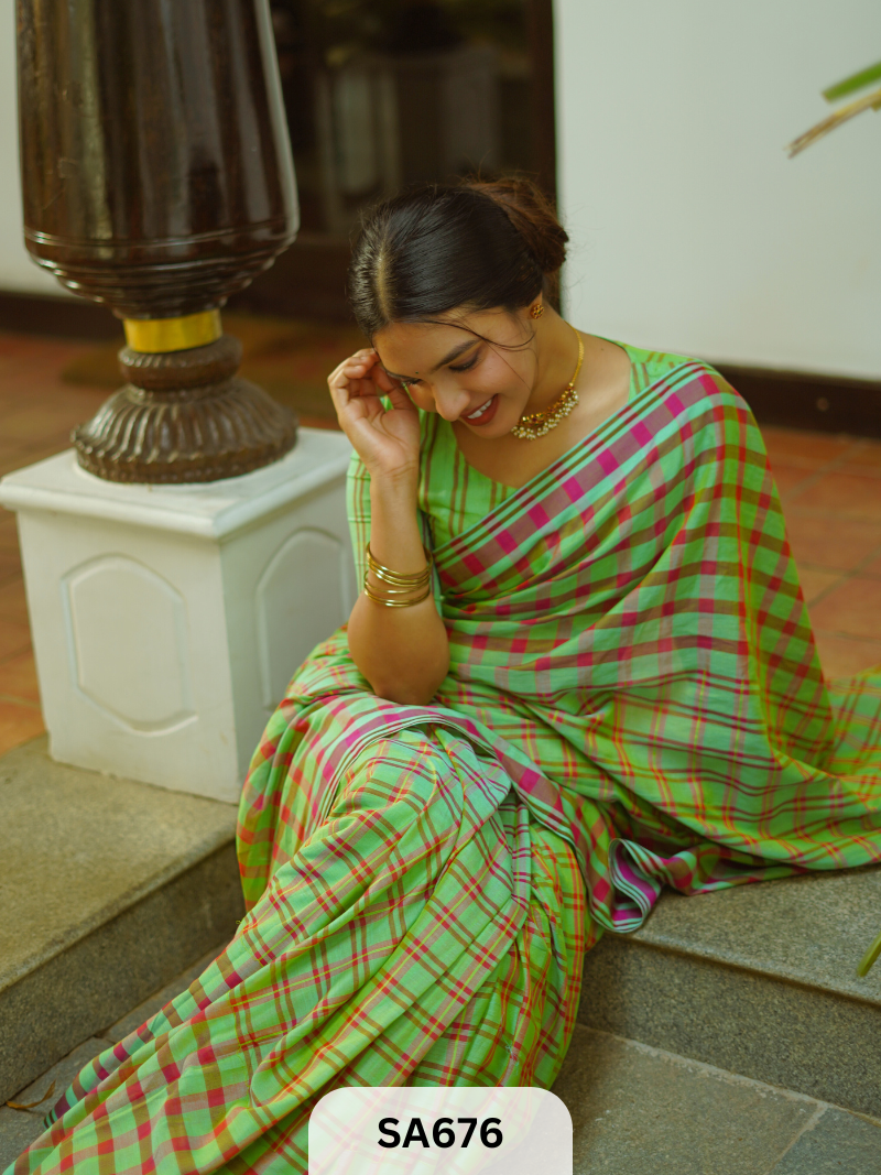 Authentic Handloom Saree |Green checkered saree
