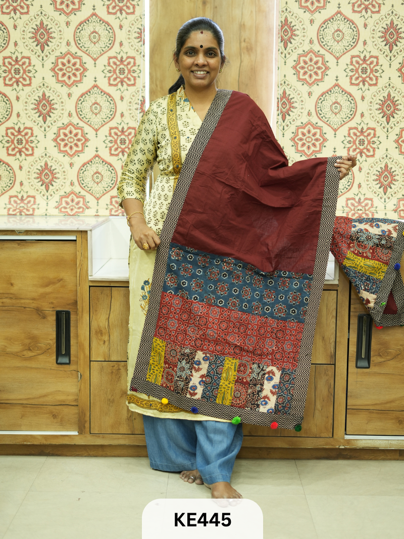 APPLIQUE AJARKH COTTON STOLES - VEGTABLE PRINT