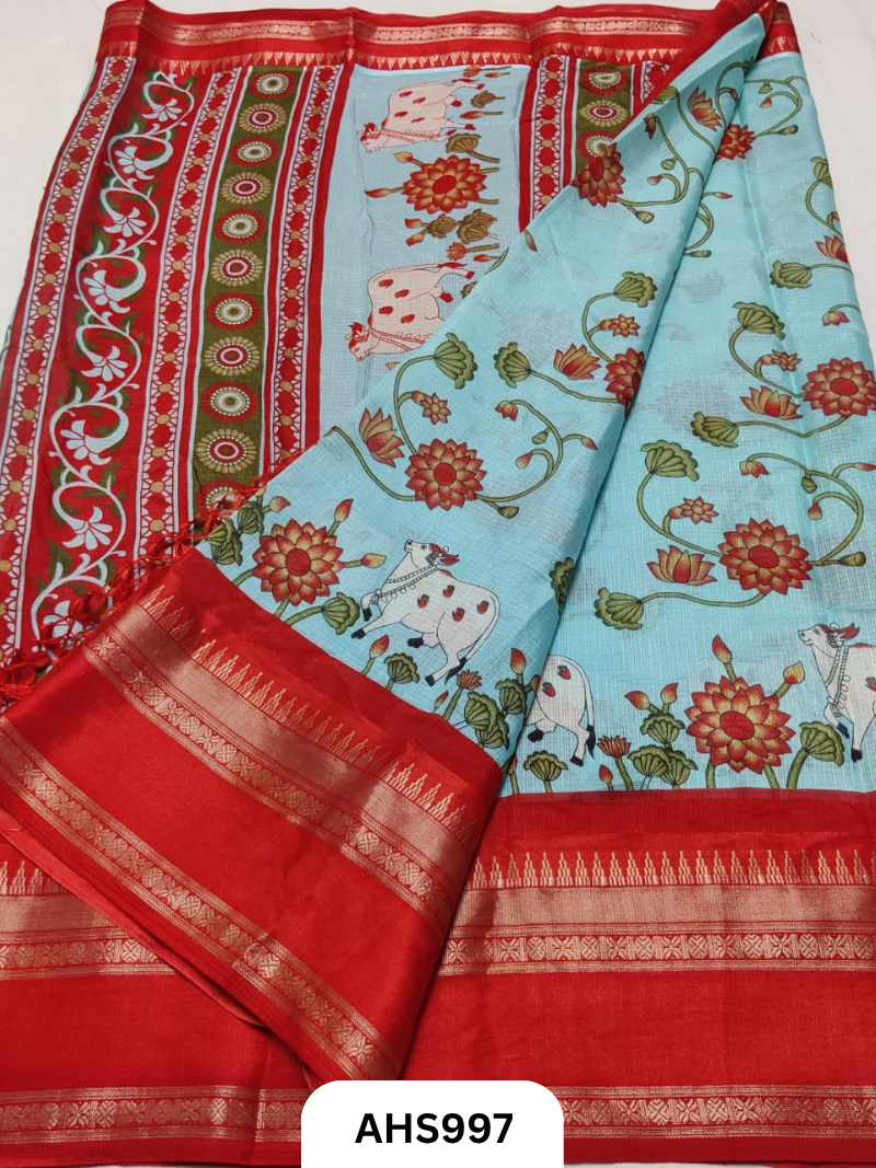 Heavy Kota Doria Saree With Beautiful Pichwai Print & Bentex Woven Border