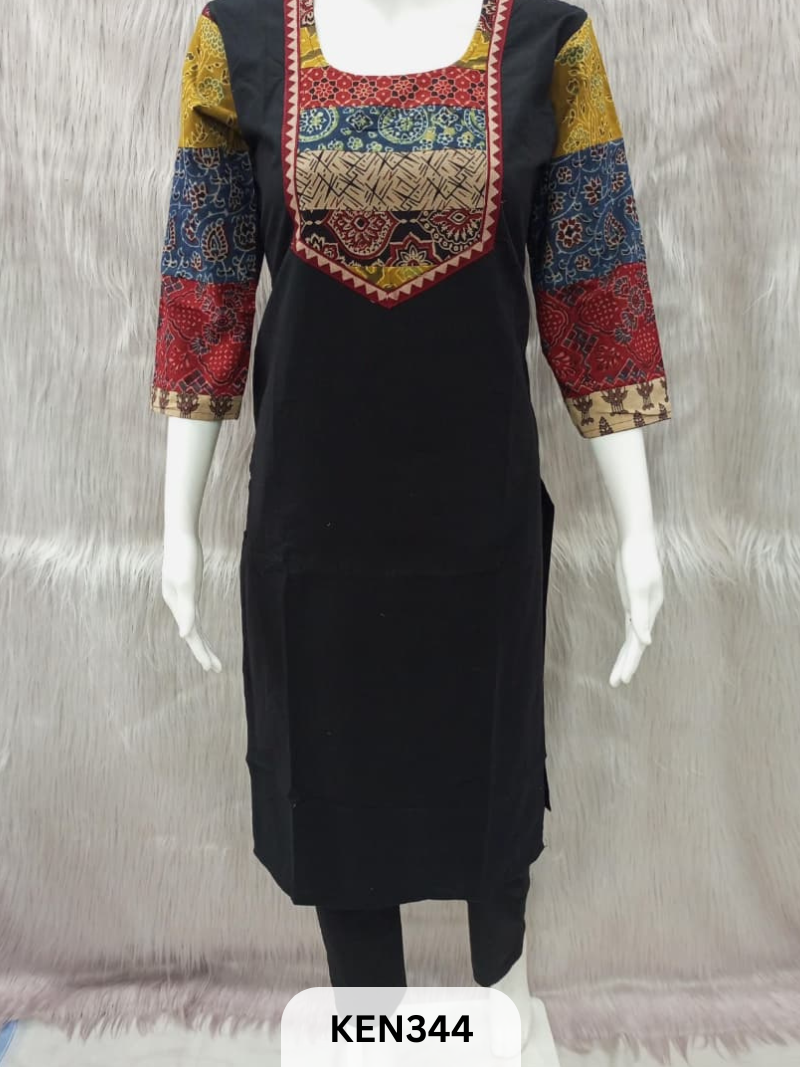 COTTON PLAIN KURTI WITH AJRAKH PATCHWORK YOKE WITH POCKET