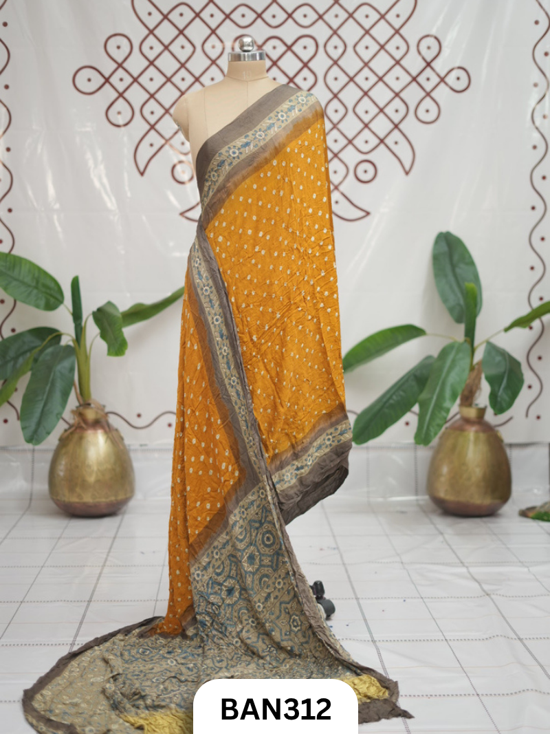 Modal Ajrakh With Bandhini Ladgi Patta Saree