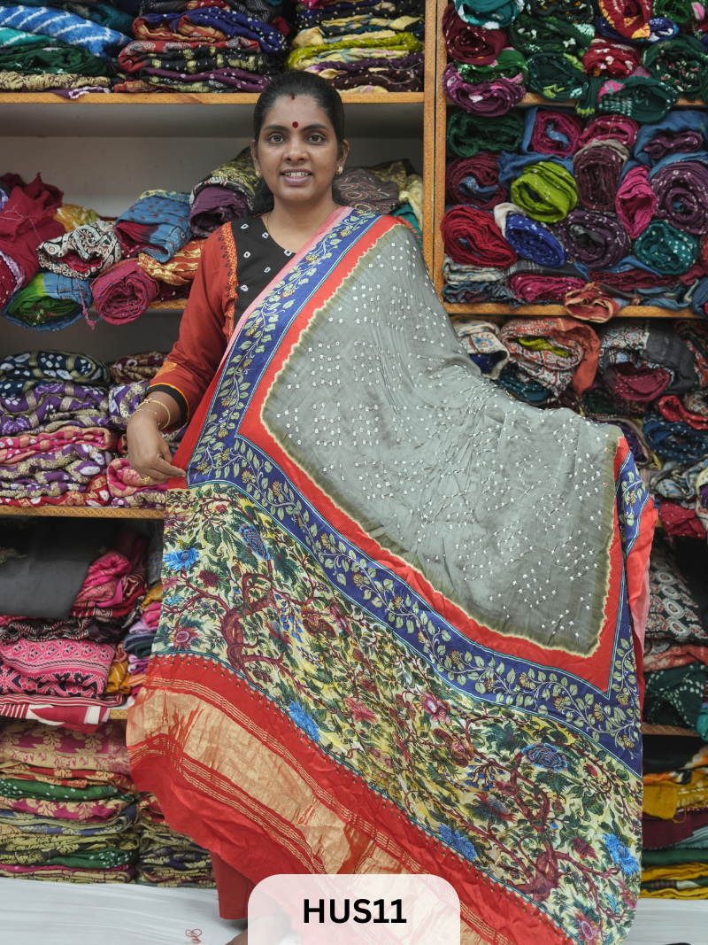 BANDHANI WITH KALAMKARI DIGITAL PRINT BORDER LAGDI PATTA