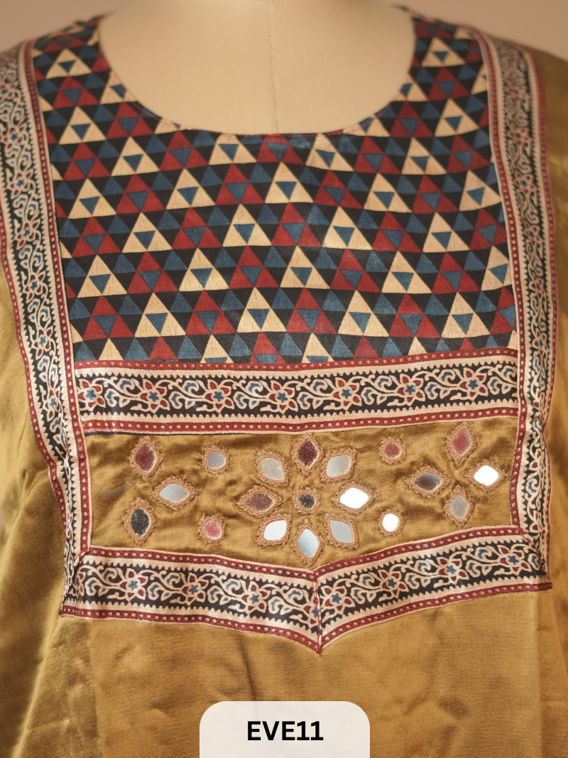 MASHRU KURTI WITH MIRROR WORK AND AJRAKH PRINT