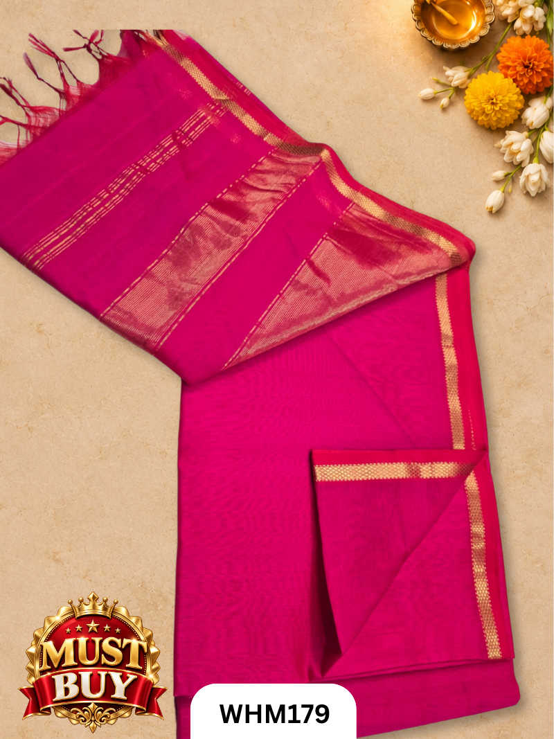 Pure Maheshwari Handloom Zari Pallu Plain Saree