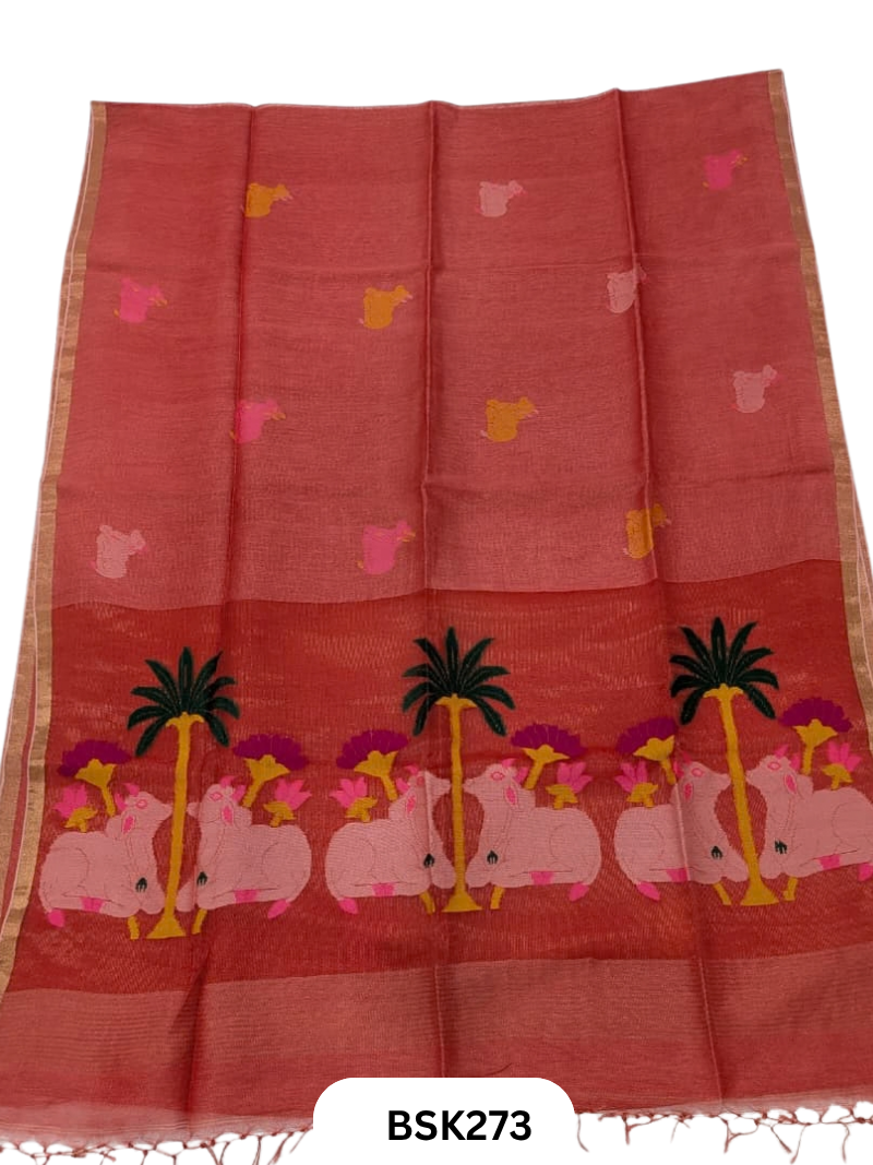 Handloom Pure Linen Silk Jamdhani Weave Saree